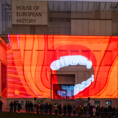 Projected image of mouth on museum wall