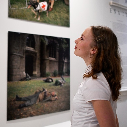 Woman looking at photo in exhibition