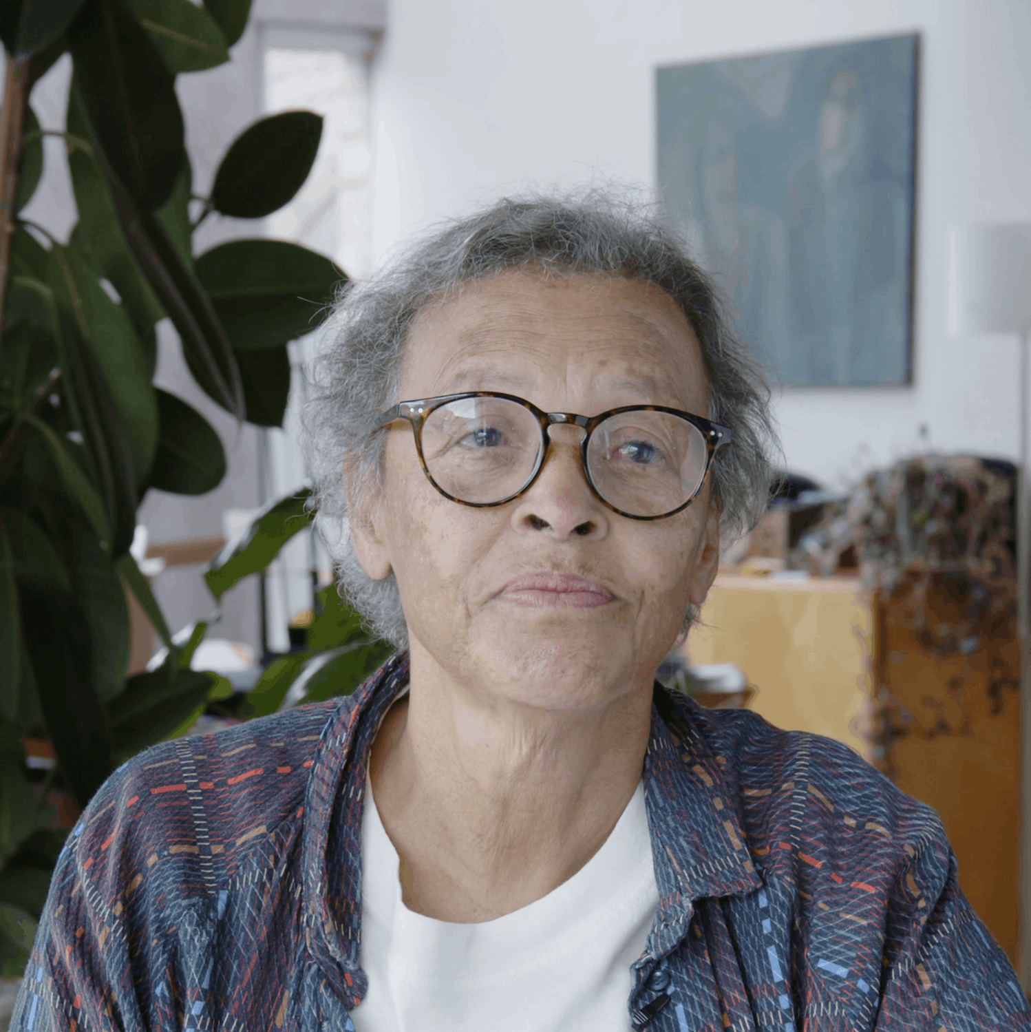 Woman with purple shirt