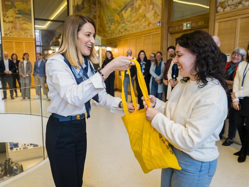 President Metsola handing over bag to visitor