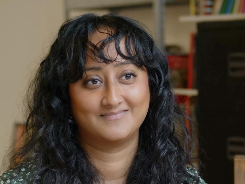 Woman with spotted top