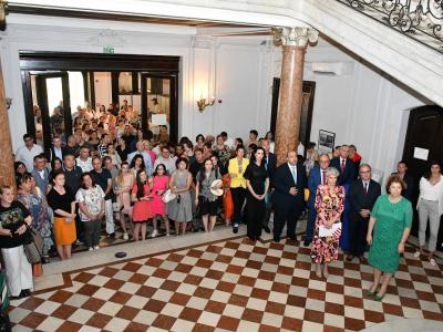 Audience in museum lobby