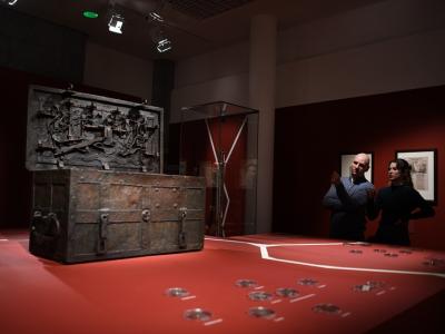 Wooden war chest in exhibition
