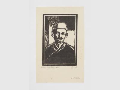 Black and white photograph of Gandhi