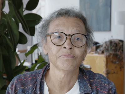 Woman with purple shirt