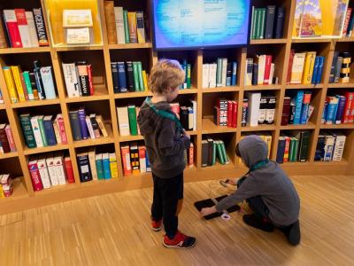 Two boys in front of book collection