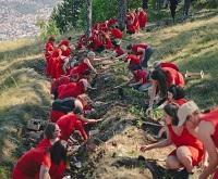 Women in red dresses plating seeds