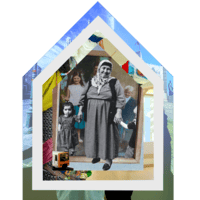 Collage image of photos in shape of museum