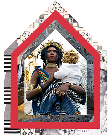 A crowned woman holding a child stands within a red house-shaped frame against a decorative collage background