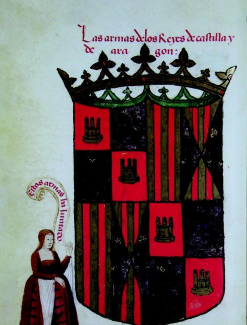 Coat of arms of Queen Isabella I of Castile (1451–1504) and King Ferdinand II of Aragon (1452–1516); manuscript *Cancionero de Pedro Marcuello* (1502), Musée Condé in the Château de Chantilly.