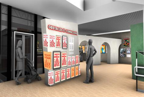 Man looking at wall of small posters