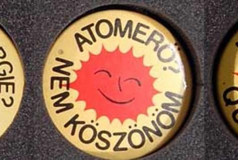Yellow anti-nuclear badge from Hungary