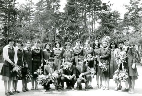 Black and white photo, school boys girls in forest, Bulgaria