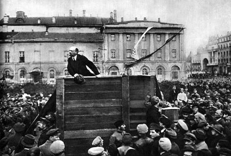 Black white photograph Lenin passionate speech to crowd