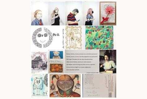 Collage of postcards with people and flowers
