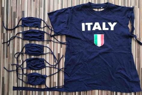 black t-shirt missing sleeve, with 5 masks