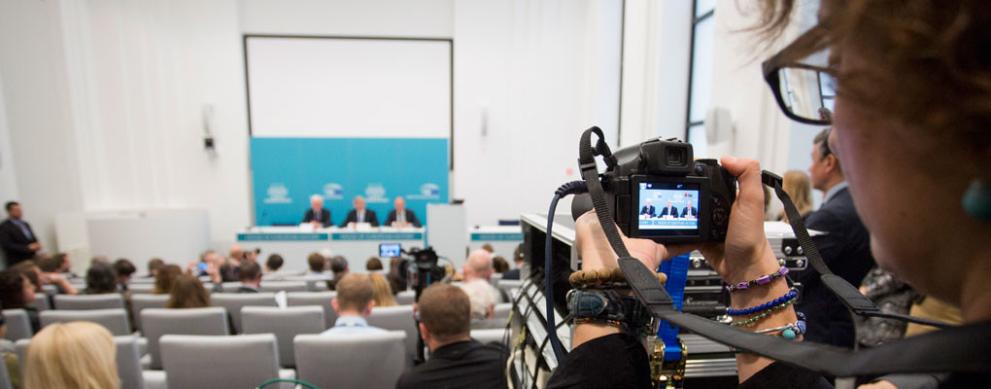 Press conference in museum auditorium