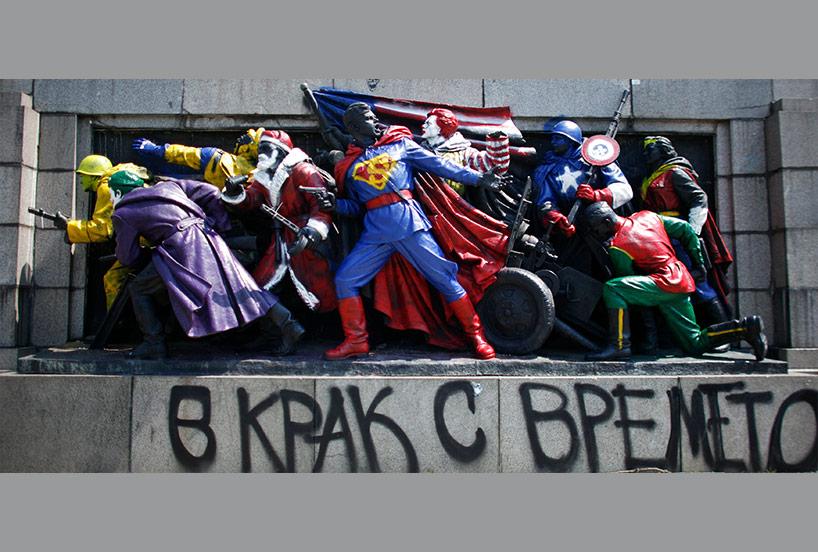 Relief of the monument to the Soviet Army painted with pop-culture characters and later cleaned
