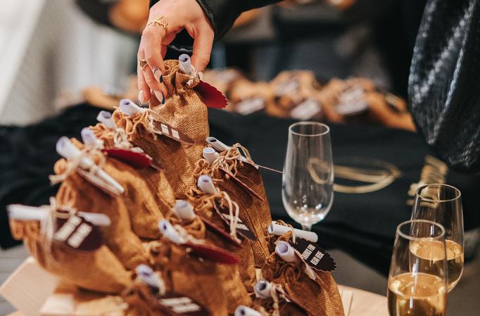 Pastries on table and wine glasses